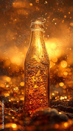 Golden Liquid in a Glass Bottle With Splashes Against a Bokeh Background