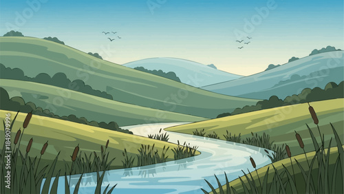 Serene Winding River Through Lush Green Rolling Hills.