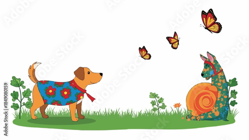 Cute dog wearing a colorful sweater watching butterflies and a snail.