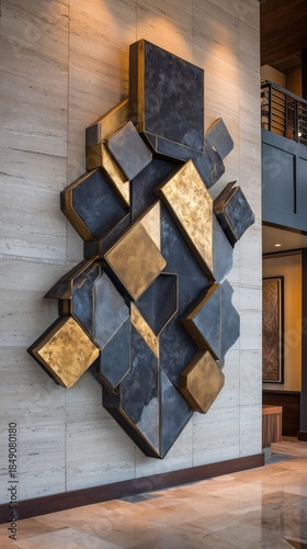 Abstract Metal Geometric Sculpture Wall Art With Gold and Gray Colors in Daytime