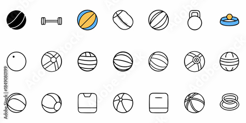 Sports Equipment Icons Set, Various Balls and Fitness Tools Illustrations