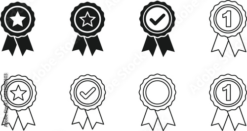 Set of eight award ribbon icons in solid and outline styles