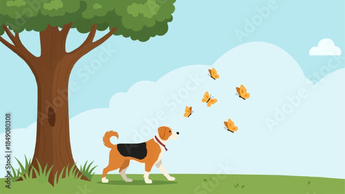 A Beagle Dog Chasing Butterflies in a Park.
