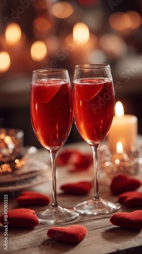 Two Flutes With Red Liquid and Hearts Create Romantic Valentines Day Setting