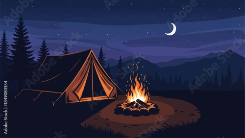 Cozy Campsite Scene with Tent and Bonfire Under the Night Sky.