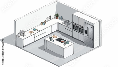 Modern L-Shaped Kitchen Design with Island and Appliances.