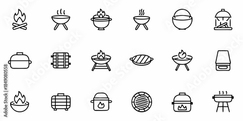 BBQ Grill Icons, Outdoor Cooking Symbols, Fire, Smoker, and Oven Illustrations for Design and Infographics