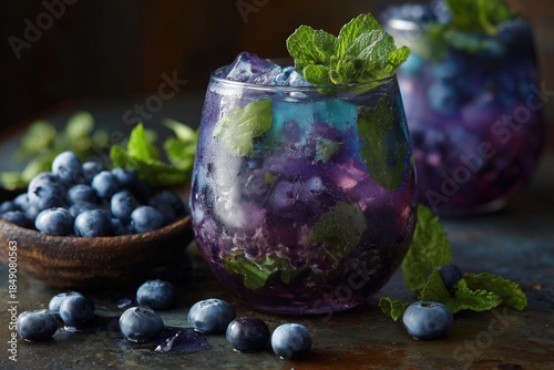 Close-up of Blueberry Cocktails With Mint and Ice Near a Bowl of Blueberries