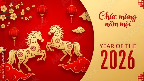 Happy new year 2026 vietnamese greeting card with two horses and lanterns