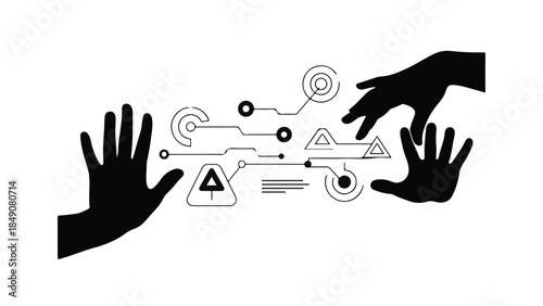 Business communication teamwork collaboration concept with hands exchanging information and data flow