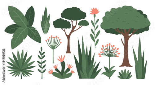 A diverse set of stylized trees, bushes, and plants, including leafy greens, cacti, and flowers, for creating natural landscapes.