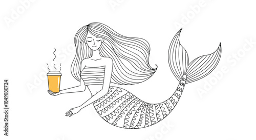 A beautiful and simple line art illustration of a serene mermaid with long flowing hair holding a steaming cup of coffee.