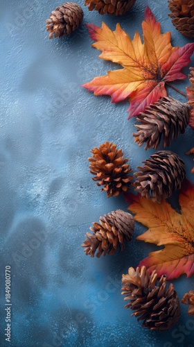 Autumn Leaves and Pine Cones on a Blue Textured Surface Creating Design