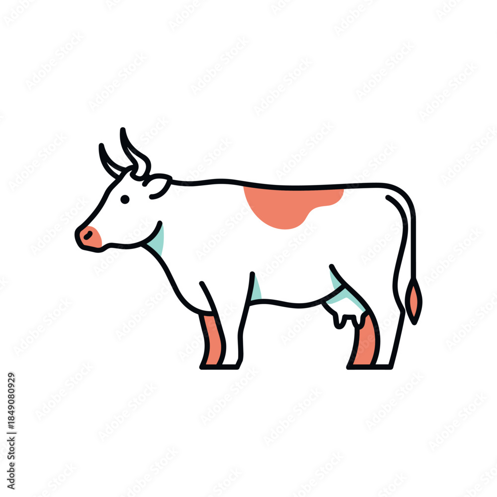 Obraz premium Illustration of a White Cow with Pink Spots and Horns Standing Profile.