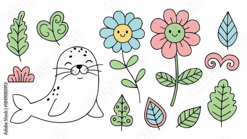 Cute cartoon seal surrounded by whimsical flowers and leaves.