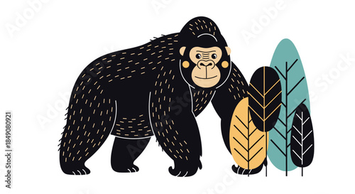 A stylish and modern illustration of a large gorilla standing next to colorful abstract leaves, isolated on a white background.