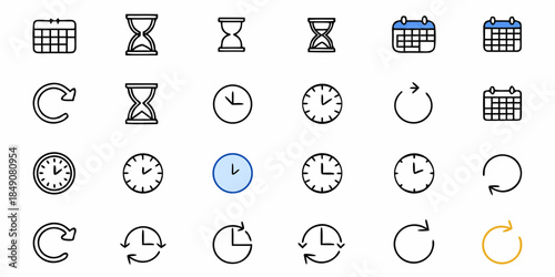 Time Management and Scheduling Icons Featuring Clocks, Calendars, and Hourglasses