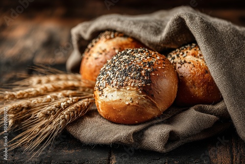 Fresh Baked Rolls With Sesame Seeds and Wheat Lying on Rustic Wood