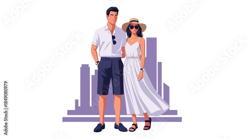 A happy married couple and smiling people enjoy shopping for a wedding dress and groom suit to celebrate their love and upcoming marriage ceremony