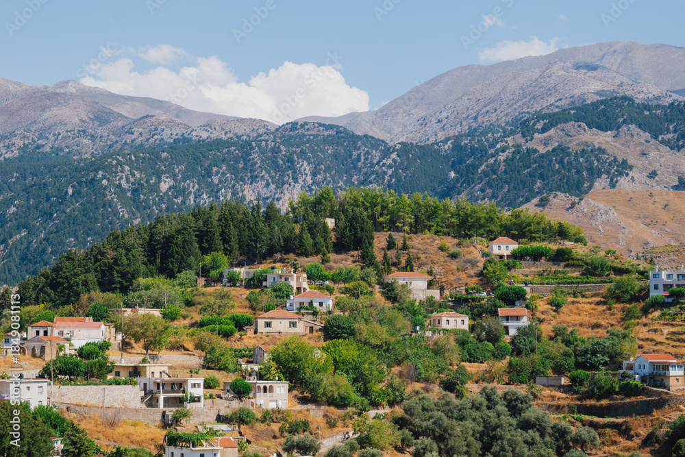 Obraz premium Mountain village Lakkoi in western Crete surrounded by pine forest on sunny day