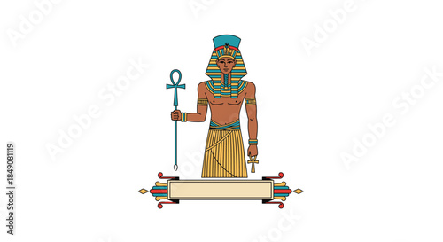 A detailed illustration of an ancient Egyptian pharaoh holding a scepter and ankh, standing above a decorative banner for text.
