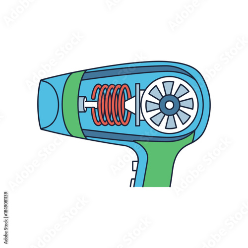 Internal mechanism of a hairdryer showing heating coil and fan.