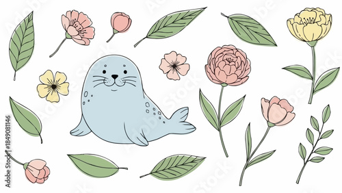 Cute Seal Surrounded by Delicate Flowers and Leaves Illustration.