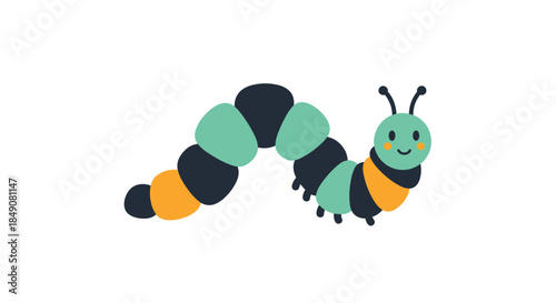 A cute and simple cartoon caterpillar with a green and black segmented body and a friendly smiling face, isolated on white.