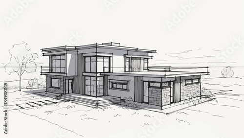 Modern Architectural Sketch of a Two-Story House with Large Windows.