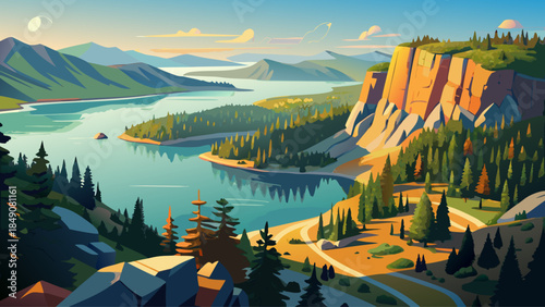 Very beautiful aerial view of Devils Lake State Park, revealing rocky shoreline, clear lake water, forested hills, and scenic hiking trails shaped by ancient geological formations in southern Wisconsi