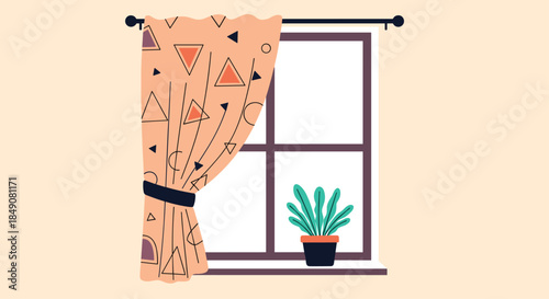 A cozy interior scene showing a window with a patterned curtain tied back and a small green plant on the windowsill.