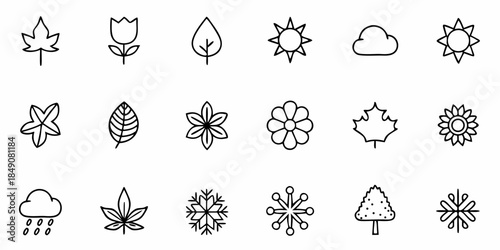 Weather Icons, Seasonal Symbols, Nature Elements, and Floral Illustrations in Simple Line Art Style