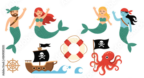 A fun, cartoon collection of pirate and mermaid characters and nautical items like a ship, octopus, and ship's wheel.