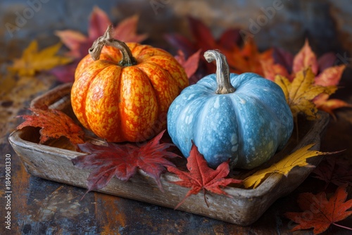 Two Different Color Pumpkins Sit in Rustic Wooden Tray With Colorful Fall Leaves