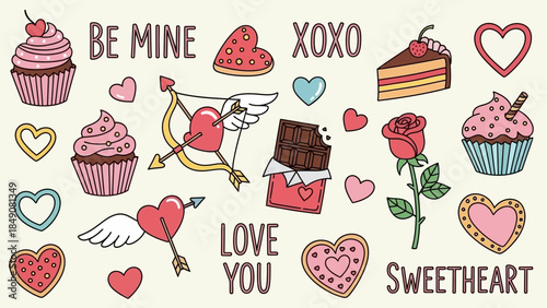 Valentine's Day Delights: A collection of charming Valentine's Day illustrations and symbols, including cupcakes, hearts, love messages, and other romantic elements.