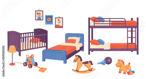 A collection of colorful furniture and toys for a children's bedroom, including a crib, single bed, bunk bed, and rocking horses.