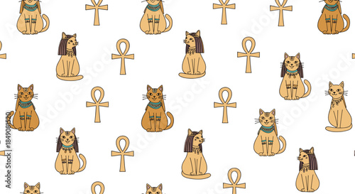 A cute seamless pattern featuring ancient Egyptian cats, some dressed as royalty, and golden ankh symbols on a white background.