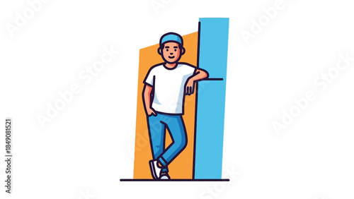 Confident Teenager Leaning on Structure: A young individual stands confidently against a structure, his casual attire and relaxed posture conveying a sense of ease.