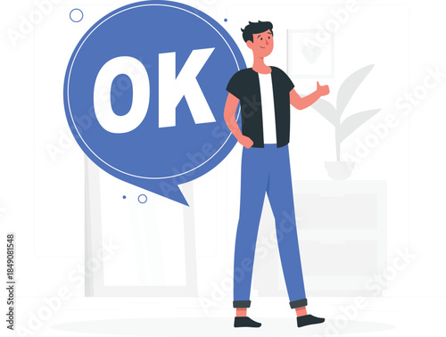 Man in blue jeans and black shirt with O K speech bubble person de