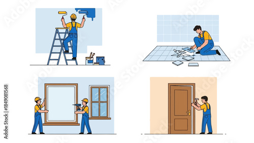 Home Improvement Compilation: Four vignettes showcase home improvement tasks, depicting a painter, tile installer, window installers, and door installer engaged in their respective crafts.