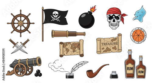 A large collection of colorful, hand-drawn pirate-themed items and symbols, including a ship's wheel, cannon, treasure map, and rum.
