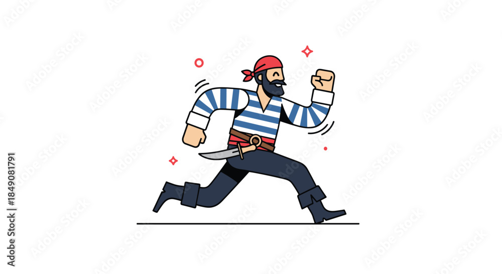 Obraz premium Happy cartoon pirate character with a red bandana and striped shirt running with a smile, isolated on a clean white background.