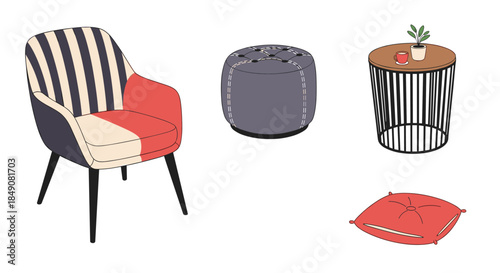 A set of four modern and stylish furniture items, including a striped armchair, a round pouf, a side table, and a red cushion.