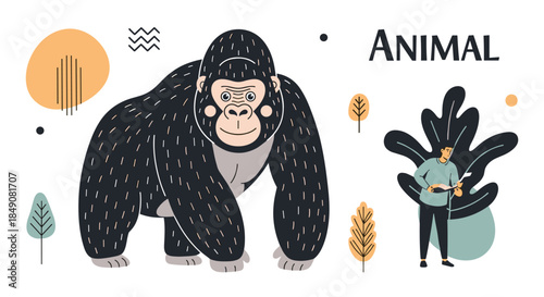 A modern presentation banner featuring a large, stylized gorilla illustration next to a man and abstract decorative elements.