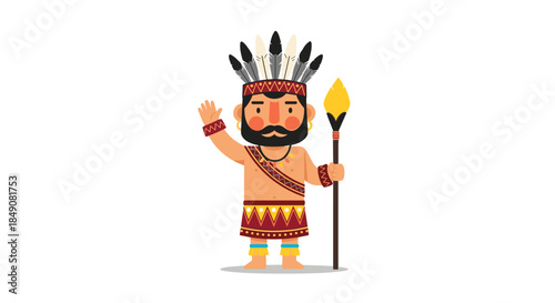 A cute cartoon illustration of a Native American tribal chief with a feather headdress, holding a spear and waving in a friendly manner.
