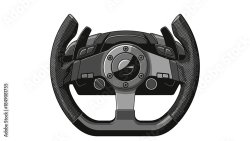 High-Tech Wheel for Gaming: An immersive monochrome view of a sleek, high-tech steering wheel, designed for an enhanced gaming experience. This image encapsulates precision and control.