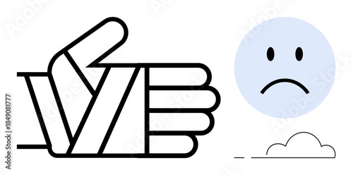 Injury concept. Bandaged hand and sad face expressing recovery and pain. Injury implies healing process and recovery ation. For healthcare, medical, physical therapy, pain relief, and wellness