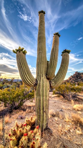 Tall saguaro cactus stands proudly in the desert with an amazing cloudscape above, bathed in warm sunlight