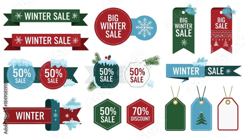 Winter Promotion and Discount Labels Set isolated on white background