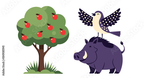 Whimsical scene with a wild boar carrying a singing bird on its head next to a green apple tree in a cute cartoon style.